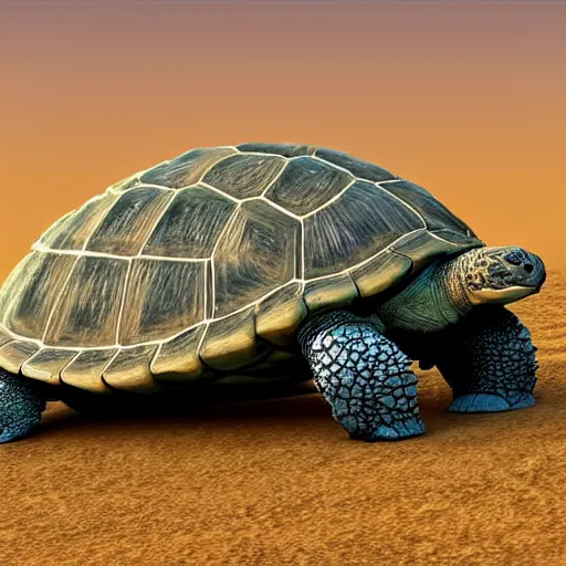 Prompt: turtle tortoise in the dusty desert on its back pyramid ziggurat highly detailed concept art schematic golden hour