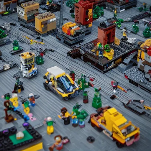 Image similar to post - apocalyptic lego - city, very detailed photo, ambient light, grotesque mood