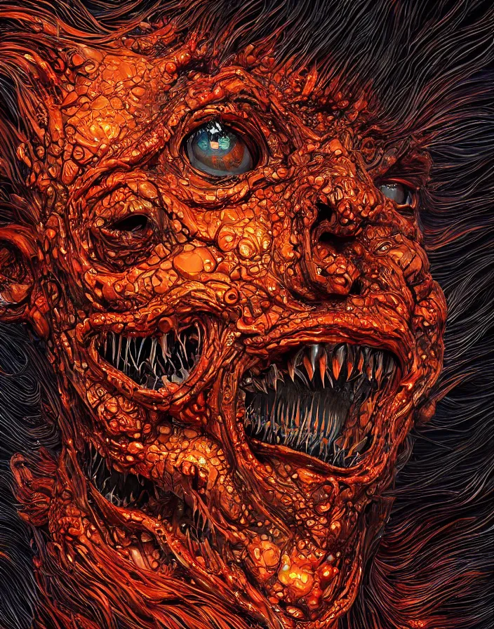 Prompt: horrific monster portrait. burning water distortions. intricate abstract. intricate artwork. rows of sharp teeth. by Tooth Wu, wlop, beeple, dan mumford. octane render, trending on artstation, greg rutkowski very coherent symmetrical artwork. cinematic, hyper realism, high detail, octane render, 8k, depth of field, bokeh. iridescent accents