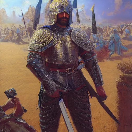 Prompt: persian knight standing with his weapons drawn, face is coved in a shadow, highly detailed painting by donato giancola and bayard wu, 8 k, digital art