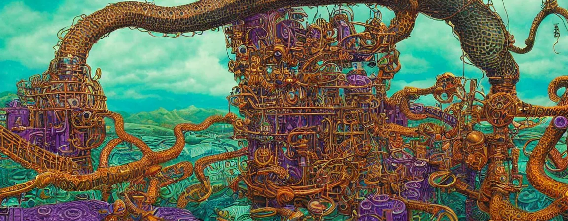 Prompt: a densely packed machine apparatus for making snake oil, huge copper machine with fine purple and green intricate pipework, art by jacek yerka, and ed roth, directed by denis villeneuve, cinematography by robby muller, fine detail, kodachrome 8 k, snake machine