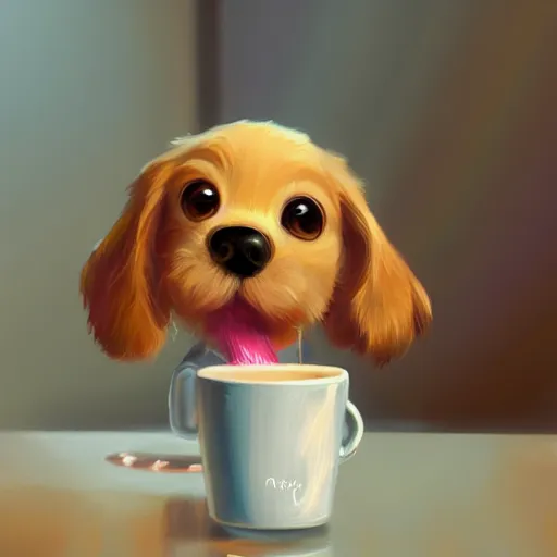 Image similar to cute puppy drinking juice, masterpiece, colorful ambient lighting, smooth shading, 8k, cinematic lighting, highly detailed, digital painting, artstation, smooth, sharp focus, illustration, digital illustration, by Pixar