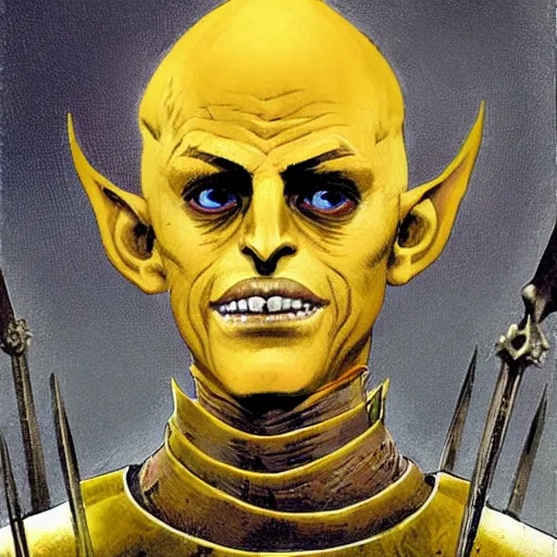 Image similar to ( ( ( head and shoulders portrait of a gaunt noseless yellow - skinned bald githyanki warrior in a breastplate, wielding a magical silver greatsword ) ) ), dave mckean, d & d, fantasy, medieval