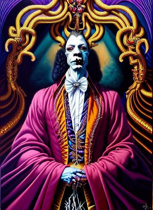 Image similar to beautiful oil painting, full length portrait of vampire dauphinois in baroque coronation robes 1 7 0 1, dan mumford, dan mumford, alex grey, hyacinthe rigaurd, highly detailed, lsd visuals, dmt fractal patterns, visionary art, psychedelic art, ornate, vaporwave, baroque, greg rutkowski