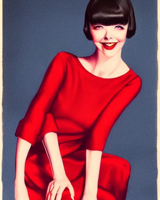 Prompt: colleen moore 2 5 years old, bob haircut, portrait casting long shadows, resting head on hands, by ross tran, red dress, 1 9 8 0 s airbrush