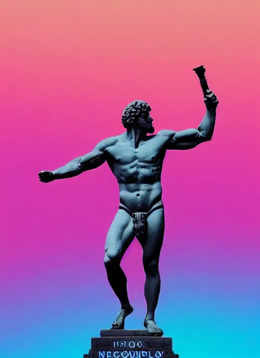 Image similar to statue of hercules, beeple, vaporwave, retrowave, abstract neon shapes, black background, glitch, pixel sorting, strong contrast, pinterest, trending on artstation