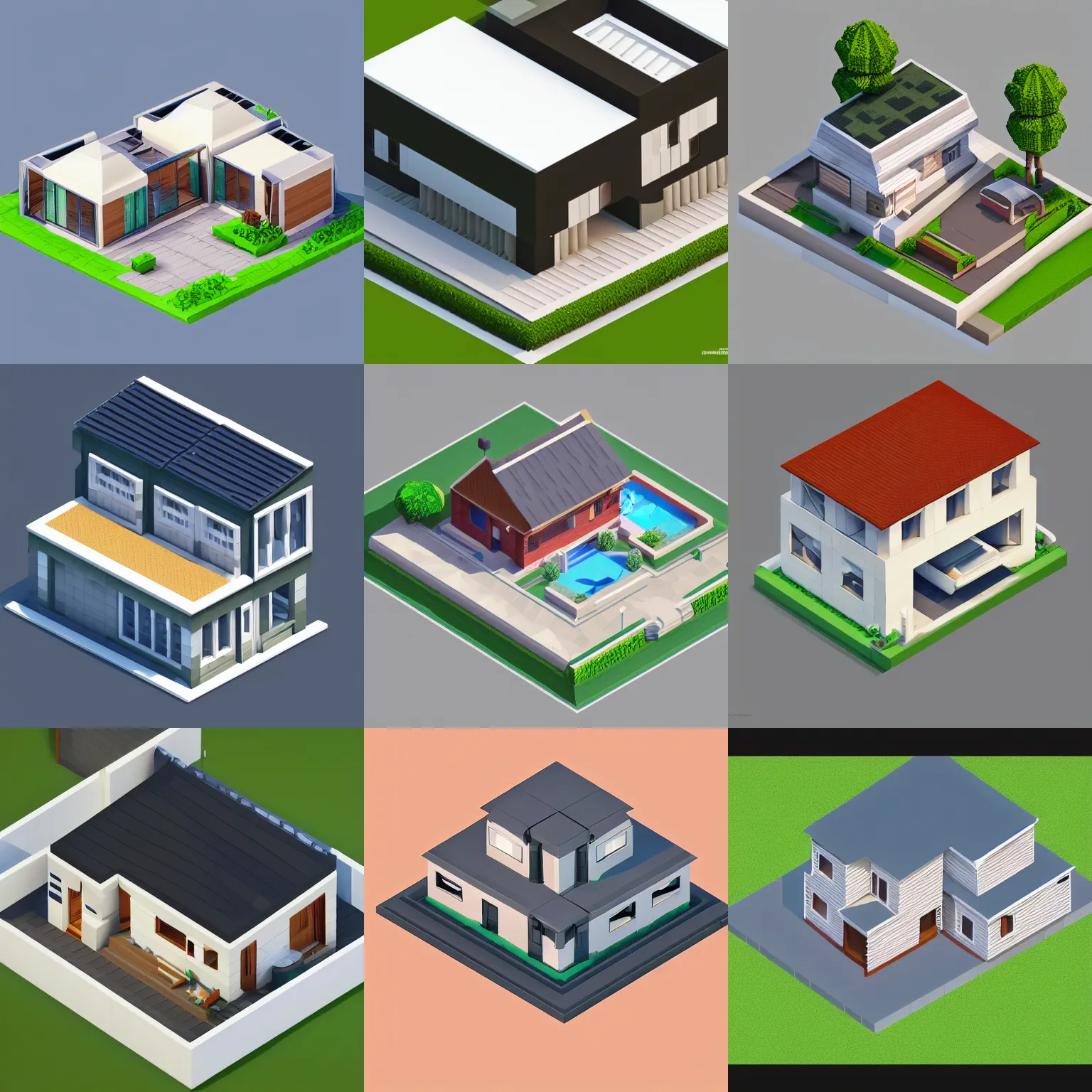 Prompt: isometric modern house, gambrel roof building, symmetric, a low poly render, by senior environment artist, polycount, pixel art, isometric, voxel art, artstation