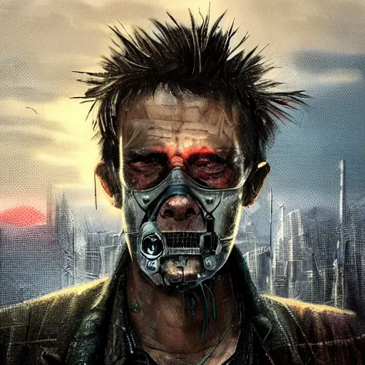 Image similar to cyberpunk, closeup portrait of a shaggy old cyberpunk fence, crooked teeth, bald, tired eyes, tattered tweed jacket, dramatic light, city background, sunset, dystopian setting, high contrast, sharp, neuromancer, the finn, painted by stanley lau, painted by greg rutkowski, painted by stanley artgerm, digital art, trending on artstation