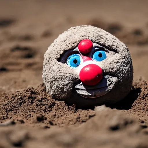 Prompt: photo of a round creature made of dirt and soil with tiny legs, with round blue eyes, a red clown nose, and a cute smile