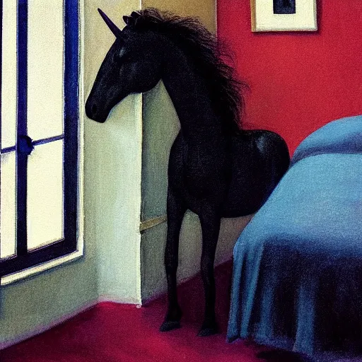 Image similar to close up of a black unicorn in a liminal hotel room, watercolor by gottfried helnwein, by hammershøi, art noveau, highly detailed, lights by edward hopper, liminal, eerie, bright pastel colors