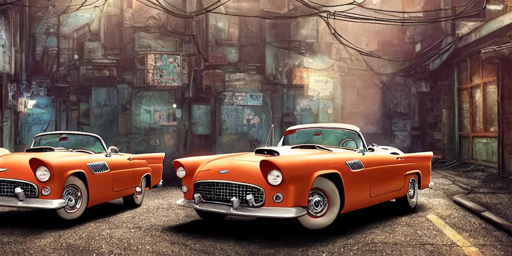 Image similar to a wholesome animation key shot of a focused old 1955 Ford Thunderbird car parked in an abandoned alleyway, medium shot, waist up, studio Ghibli, Pixar and Disney animation, sharp, very detailed, high resolution, Rendered in Unreal Engine 5, anime key art by Greg Rutkowski, Bloom, dramatic lighting