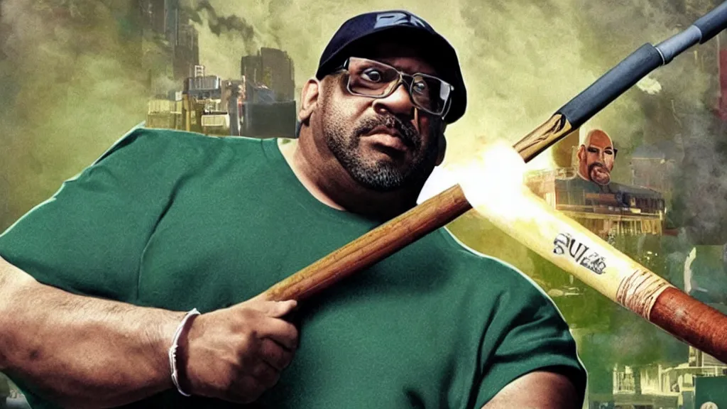 Prompt: Still of a PS2 videogame-looking Big Smoke with green clothing wielding a baseball bat in Better Call Saul