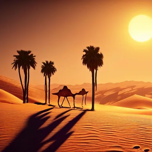 Image similar to desert dunes at sunset, palm trees, two camels in the foreground, long shadows, stars, twilight, dust, volumetric light, foggy, particles, atmospheric, dramatic lighting, by greg rutkowski, artstation