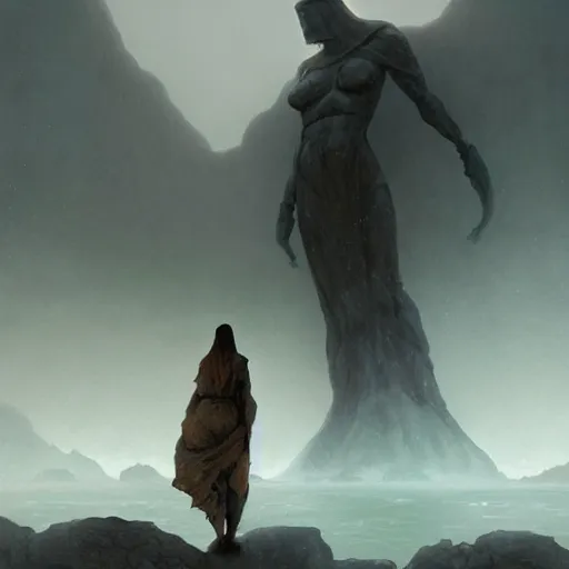 Image similar to stone humanoid colossus by grzegorz rutkowski and richard wright and peter mohrbacher and dan scott, atmospheric haze, stormy, tundra, tiny woman in cloak in foreground silhouette, large scale