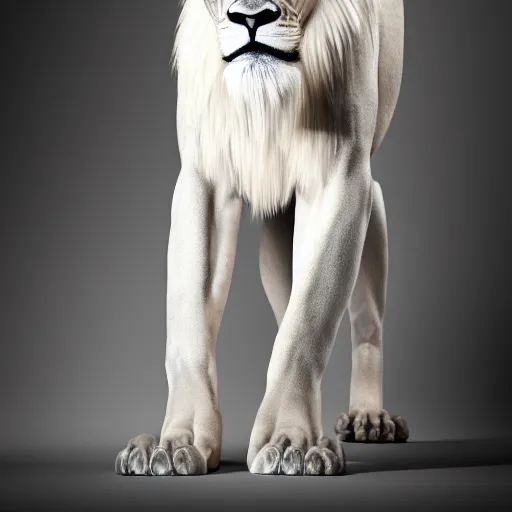 Image similar to a full body photograph of a white lion,photorealiatic,hyperdetailed,hyperrealistic,studio lighting,studio photography,professional photography,professional lighting,detailed face,3 point lighting,4k,dramatic