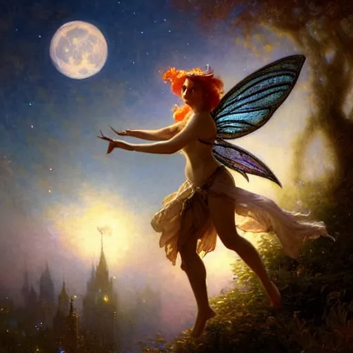 Image similar to attractive fairy magically floating high in the night, fantasy, full moon in background. highly detailed painting by gaston bussiere, craig mullins, j. c. leyendecker, mid shot, 8 k realistic, cryengine, frostbite 3 engine, sharp focus