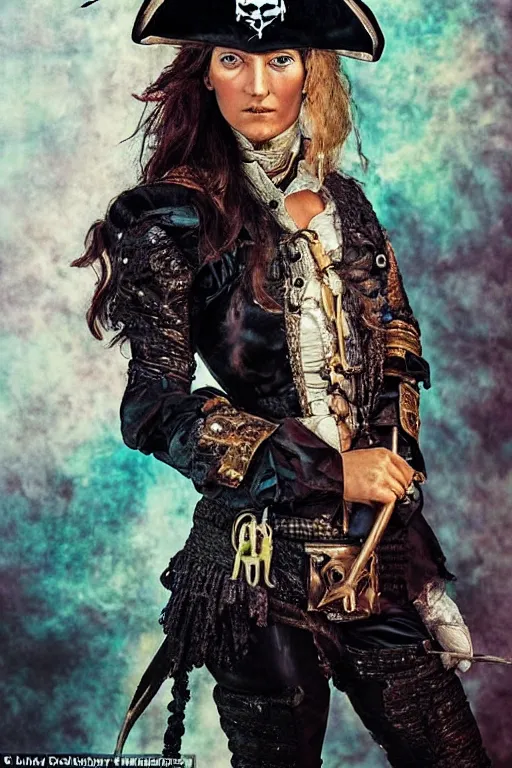 Image similar to a swashbuckling woman pirate portrait in national geographic, her clothing is sheer and futuristic, painted with iridescent face paint