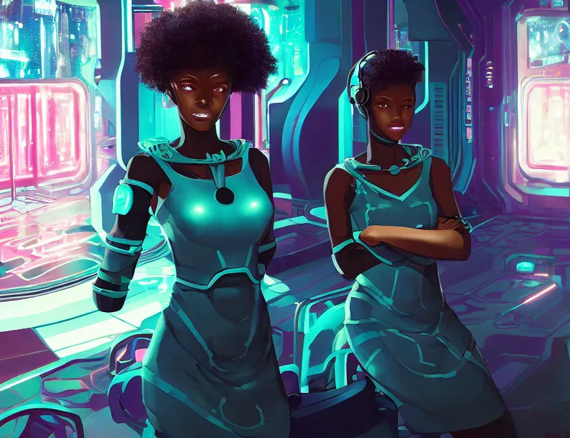 Image similar to black - skinned scifi princess in a deep sea cafe, wearing a lovely dress with cyberpunk elements. this oil painting by the award - winning mangaka has an interesting color scheme and impeccable lighting.