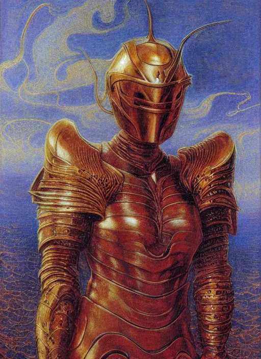 Image similar to malenia from elden ring wearing helmet and armor by jean delville, red hair, full body portrait,