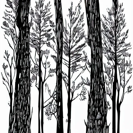 Prompt: tree forest illustration, black ink on white paper, sketched 4k