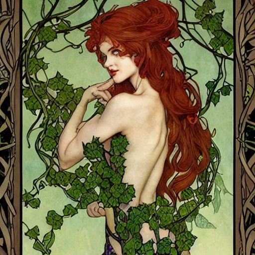 Prompt: a beautiful tarot card of poison ivy playing a piano with vines and singing in a jazz club, female, in the style of magic the gathering, intricate, elegant, highly detailed, digital painting, artstation, concept art, matte, sharp focus, illustration, art byby rebecca guay and by arthur rackham and by alphonse mucha and by john william waterhouse