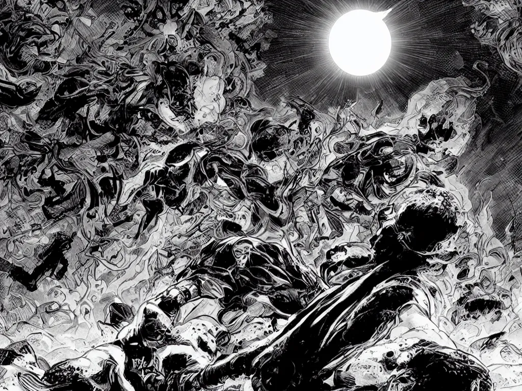 Prompt: berserk the eclipse, in the style of james jean and laurie greasley, dynamic composition, dramatic lighting, hyper - realistic, ultra detailed
