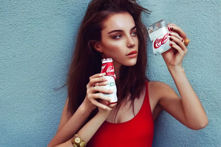 Image similar to beautiful fit summer fashion model woman drinking a Coca-Cola in natural light by Alessio albi