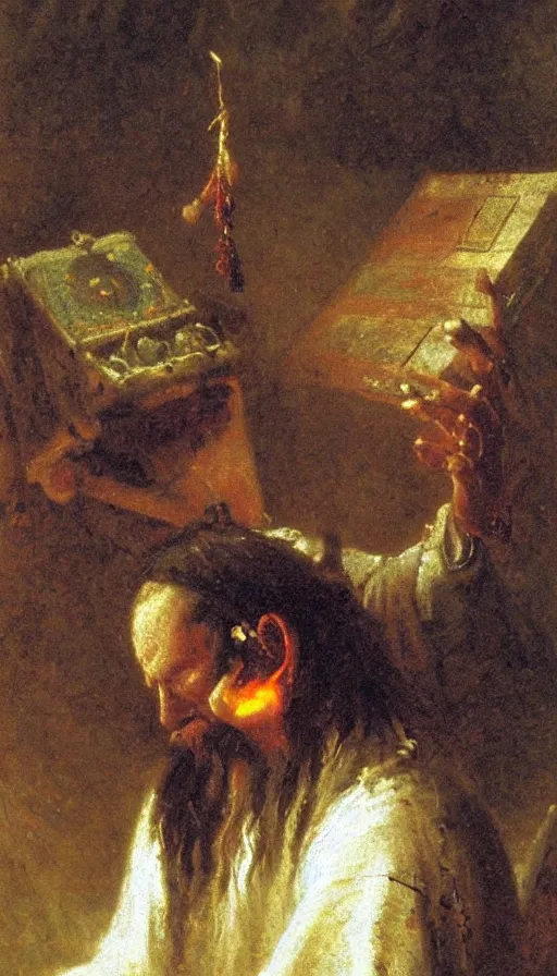 Image similar to portrait of a digital shaman, by albert bierstadt,