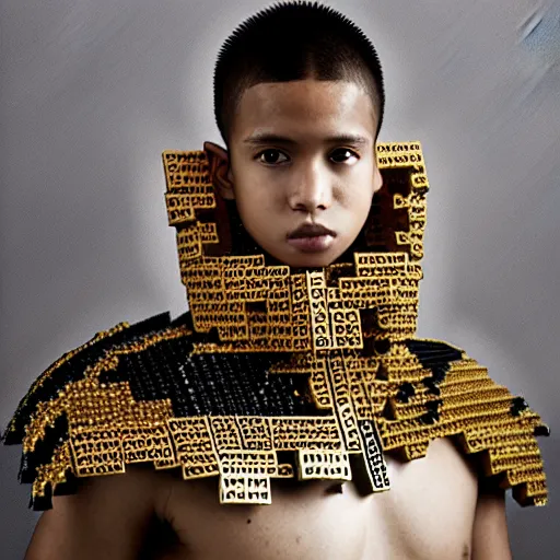 Prompt: a portrait of a beautiful young male wearing an alexander mcqueen armor made of legos , photographed by andrew thomas huang, artistic