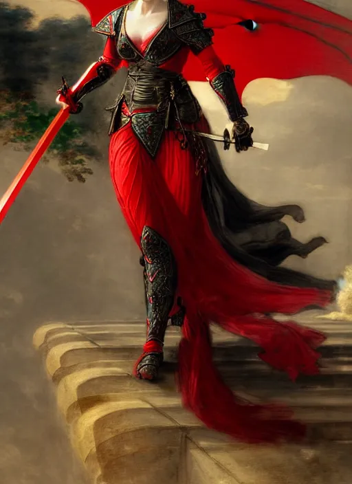 Prompt: woman in dark and red princess dragon armor, she is holding a katana sword, walking on an ancient neoclassical bridge. by henriette ronner - knip, by william henry hunt, concept art,