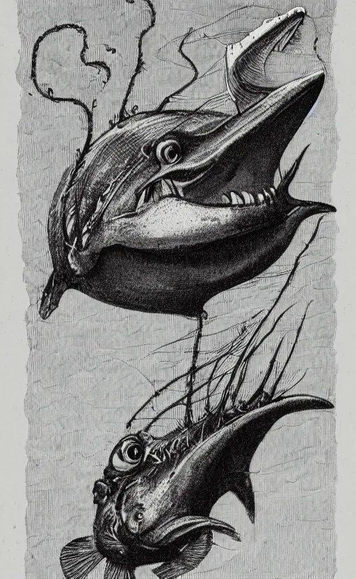 Prompt: illustration of an anglerfish, 1 9 0 0 s, highly detailed