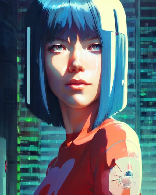 Image similar to cyborg girl | | audrey plaza, fine detail!! anime!! realistic shaded lighting!! poster by ilya kuvshinov katsuhiro otomo ghost - in - the - shell, magali villeneuve, artgerm, jeremy lipkin and michael garmash and rob rey