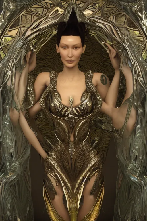 Image similar to a highly detailed 3 d render painting of a beautiful alien goddess bella hadid in iris van herpen dress schiaparelli in diamonds in style of alphonse mucha trending on artstation made in unreal engine 4