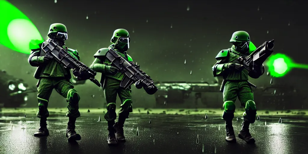 Image similar to A detailed sketch of two guerilla soldiers with green plasma rifles with revolver drums wearing grey armour with dark green stripes and full helmets with dark green visors, night, rain, water drops on the lense, a complicated black spaceship with green lights in the background, realistic 4k octane beautifully detailed render, 4k post-processing, highly detailed, intricate complexity, epic composition, magical atmosphere, cinematic lighting, masterpiece, ultra hd