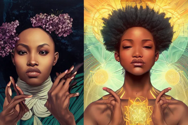 Image similar to black girl magic, powers and incantations in front of nebulae bursting, crisp digital painting by artgerm, by mucha by caravaggio and face by wlop