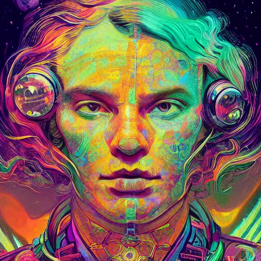 Image similar to An extremely psychedelic experience, colorful, surreal, dramatic lighting, cosmonaut, LSD, face, detailed, intricate, elegant, highly detailed, digital painting, artstation, concept art, smooth, sharp focus, illustration, art by Sam Spratt, Dan Mumford, Artem Demura and Alphonse Mucha