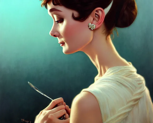 Image similar to photography of audrey hepburn in breakfast at tiffany's, deep focus, intricate, elegant, highly detailed, digital painting, artstation, concept art, matte, sharp focus, illustration, art by artgerm and greg rutkowski and alphonse mucha