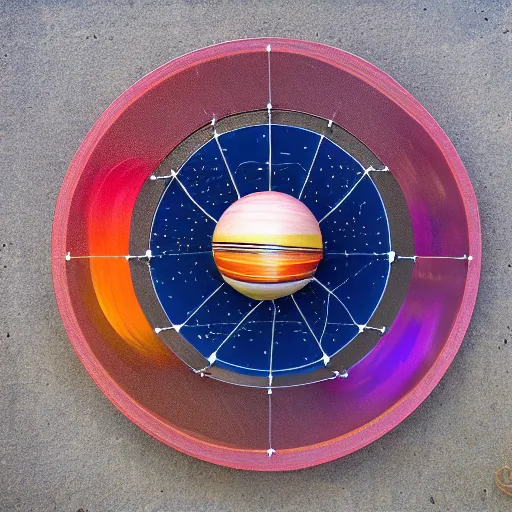 Prompt: a kinetic sculpture of this solar system, sun, mercury, venus, earth, moon, mars, jupiter, saturn, uranus, neptune, pluto, orrery, canon 5 d 5 0 mm lens, papier - mache, studio, artificial intelligence