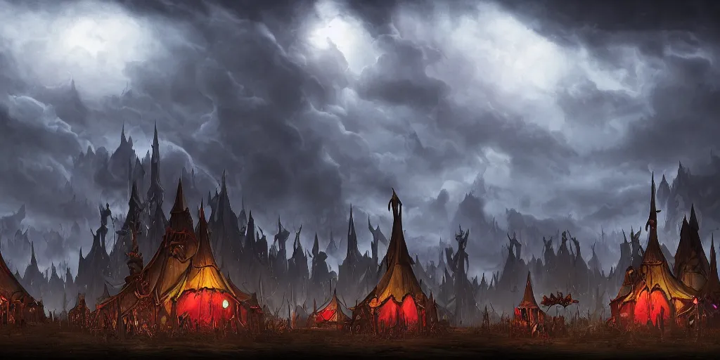 Prompt: a dark fantasy matte painting of dark evil circus tents silhouetted by an evil dramatic sky, tim burton, world of warcraft, league of legends