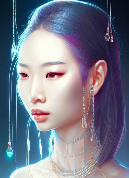 Image similar to portrait of asian female humanoid, transparent jewelry accessories, very details, elegant, cyber neon lights, highly detailed, digital illustration, trending in artstation, trending in pinterest, glamor pose, concept art, smooth, sharp focus, art by artgerm and greg rutkowski