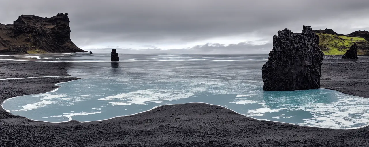 Image similar to cinematic shot of giant symmetrical futuristic military spacecraft in the middle of an endless black sand beach in iceland with icebergs in the distance,, 2 8 mm