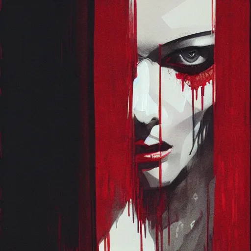 Image similar to pelham puppet surrounded by red curtains by Conrad Roset and Nicola Samuri, medium shot, rule of thirds, seductive look, beautiful, intricate, dystopian, sci-fi, extremely detailed, digital painting, artstation, concept art, smooth, sharp focus, intimidating lighting, incredible art, details visible, very dark ambiance