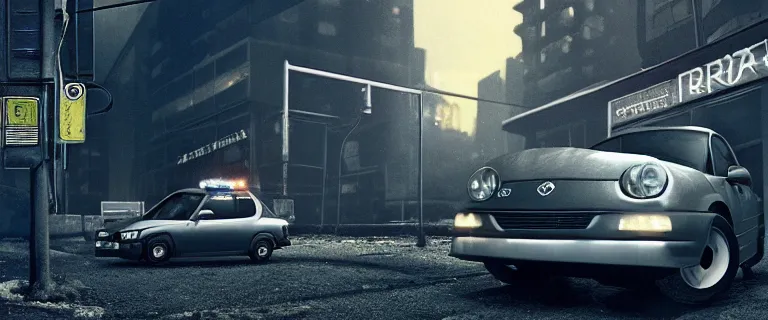 Prompt: Grey Nissan Micra K12 (2006), a gritty neo-noir, dramatic bright lighting, cinematic, establishing shot, extremely high detail, photorealistic, cinematic lighting, artstation, by simon stalenhag, Max Payne (PC) (2001)