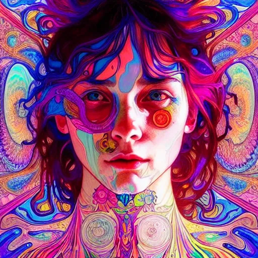 Image similar to A girl having an extremely colorful psychedelic experience, warping time and space, magic mushrooms, psilocybin, LSD, face, detailed, intricate, elegant, highly detailed, digital painting, artstation, concept art, smooth, sharp focus, illustration, art by Krenz Cushart and Artem Demura and alphonse mucha