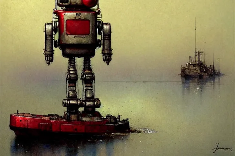 Image similar to adventurer ( ( ( ( ( 1 9 5 0 s retro future robot android mouse large house boa rvt tug boat calm stream. muted colors. ) ) ) ) ) by jean baptiste monge!!!!!!!!!!!!!!!!!!!!!!!!! chrome red