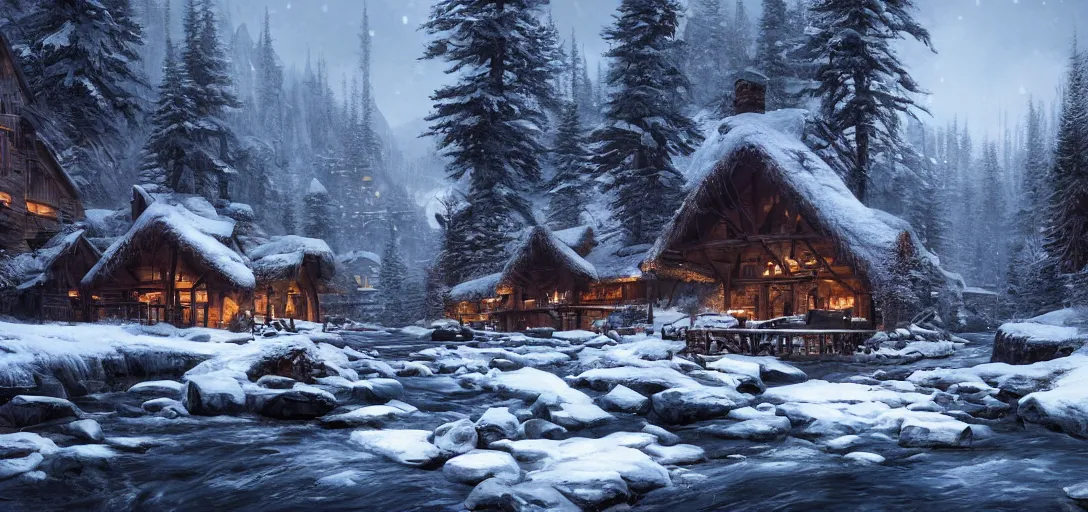 Image similar to cozy lodge beside a river stream in the canadian wilderness in winter, dramatic lighting, cinematic, establishing shot, extremely high detail, photo realistic, cinematic lighting, post processed, concept art, artstation, matte painting, style by eddie mendoza, raphael lacoste, alex ross