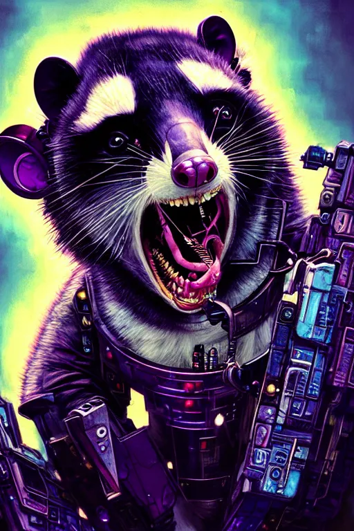 Image similar to a beautiful portrait of a cute cyberpunk opossum screaming by sandra chevrier and greg rutkowski and wlop, purple blue color scheme, high key lighting, volumetric light, digital art, highly detailed, fine detail, intricate, ornate, complex, octane render, unreal engine, photorealistic