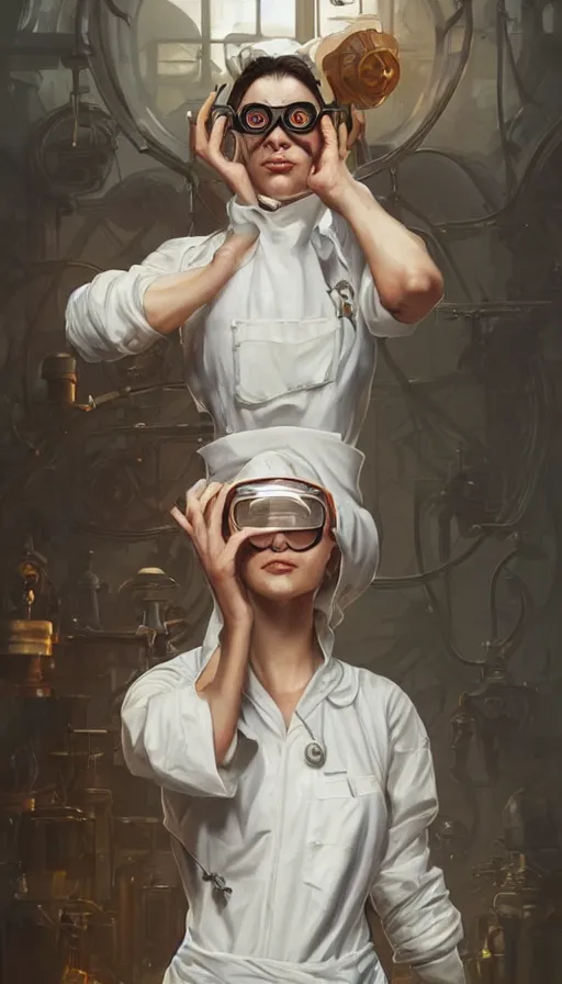 Image similar to crazy inventor, sweaty, white dity apron, goggles, insane, intricate, highly detailed, digital painting, artstation, concept art, smooth, sharp focus, illustration, Unreal Engine 5, 8K, art by artgerm and greg rutkowski and alphonse mucha