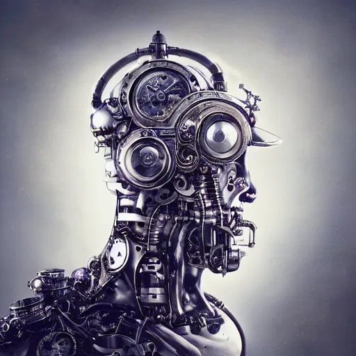 Image similar to a beautiful intricate fine art portrait photo of a a mechanical industrial steampunk cybernetic Bill Burr, by tom bagshaw and zach sutton, perfection!, milk bath photography, studio lighting, 35mm lens, very detailed, bionic, cybernetic scifi, deep depth of field, artstation, 8K, highly coherent