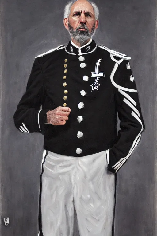 Image similar to full body portrait of the dictator of the san antonio spurs, 1 8 8 9, in full military garb, silver, black, white, greg popovich, oil on canvas by william sidney mount, trending on artstation